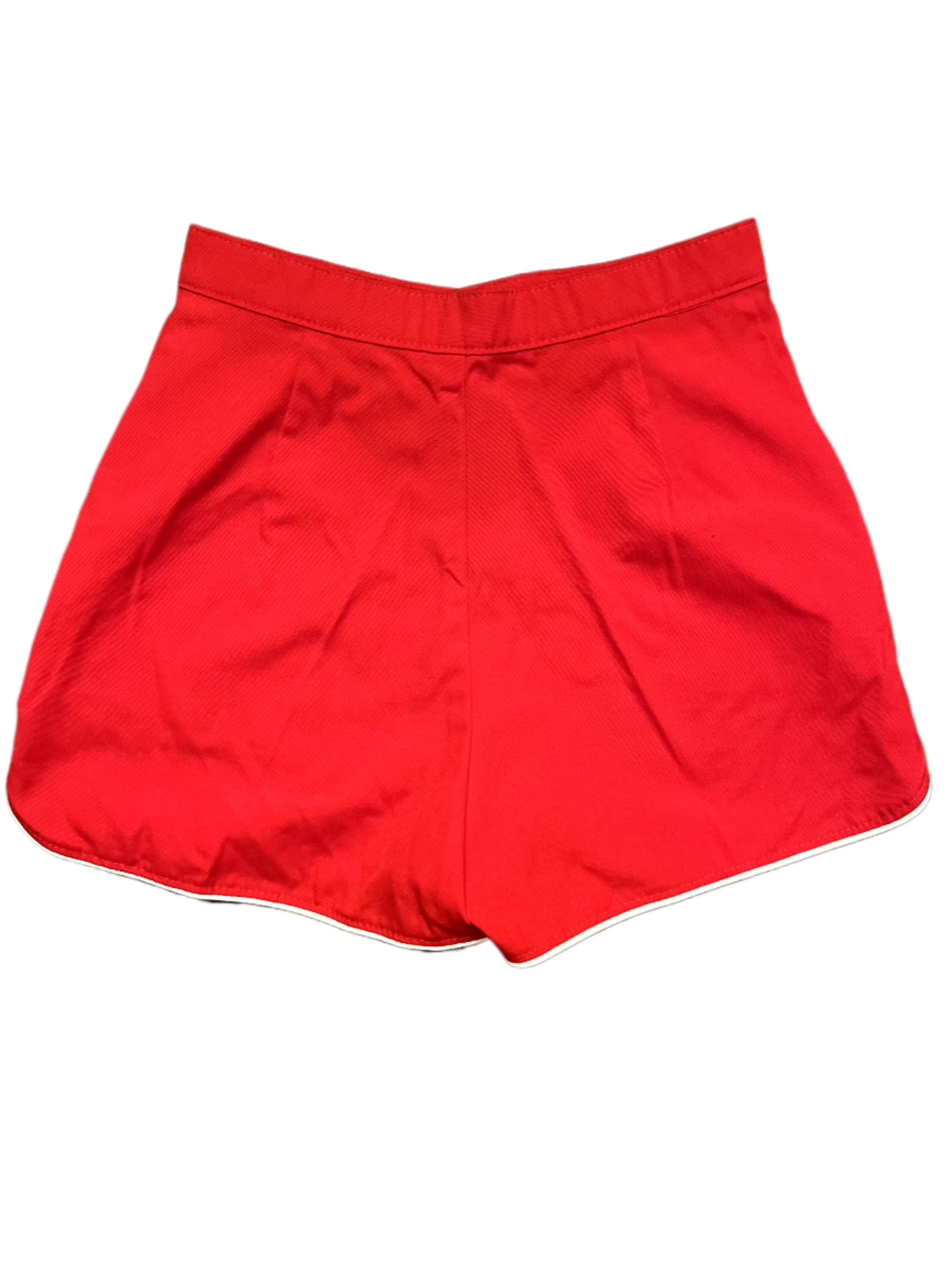 Back of vintage red shorts with white stripe on white background.