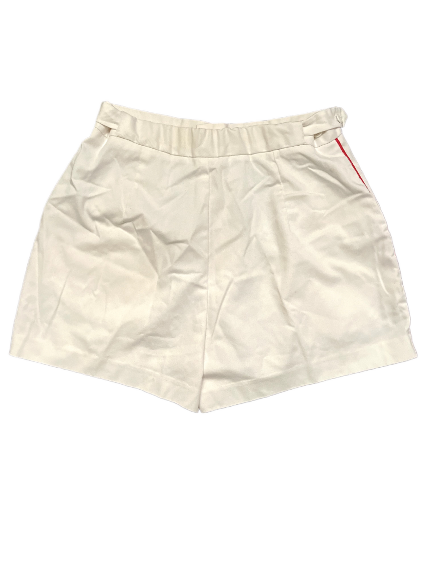 Back of white shorts with red stripe on white background.