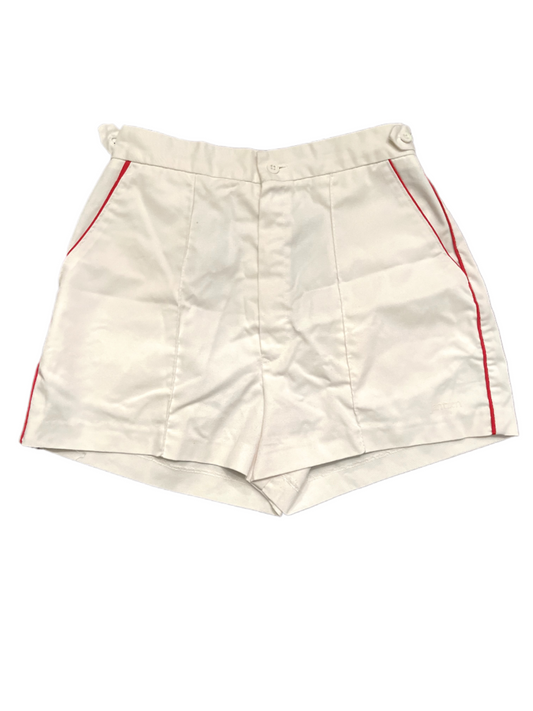 Front of white shorts with red stripe on white background.