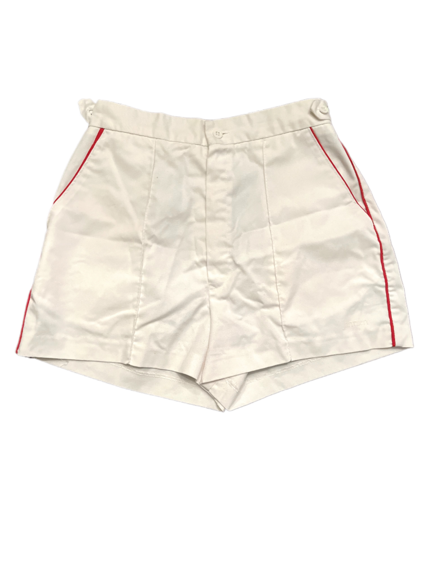 Front of white shorts with red stripe on white background.