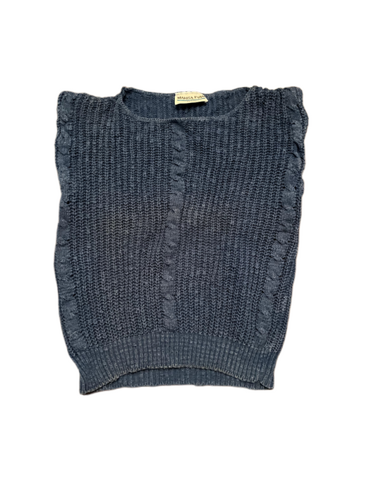 Front view of vintage blue cable knit sweater vest.