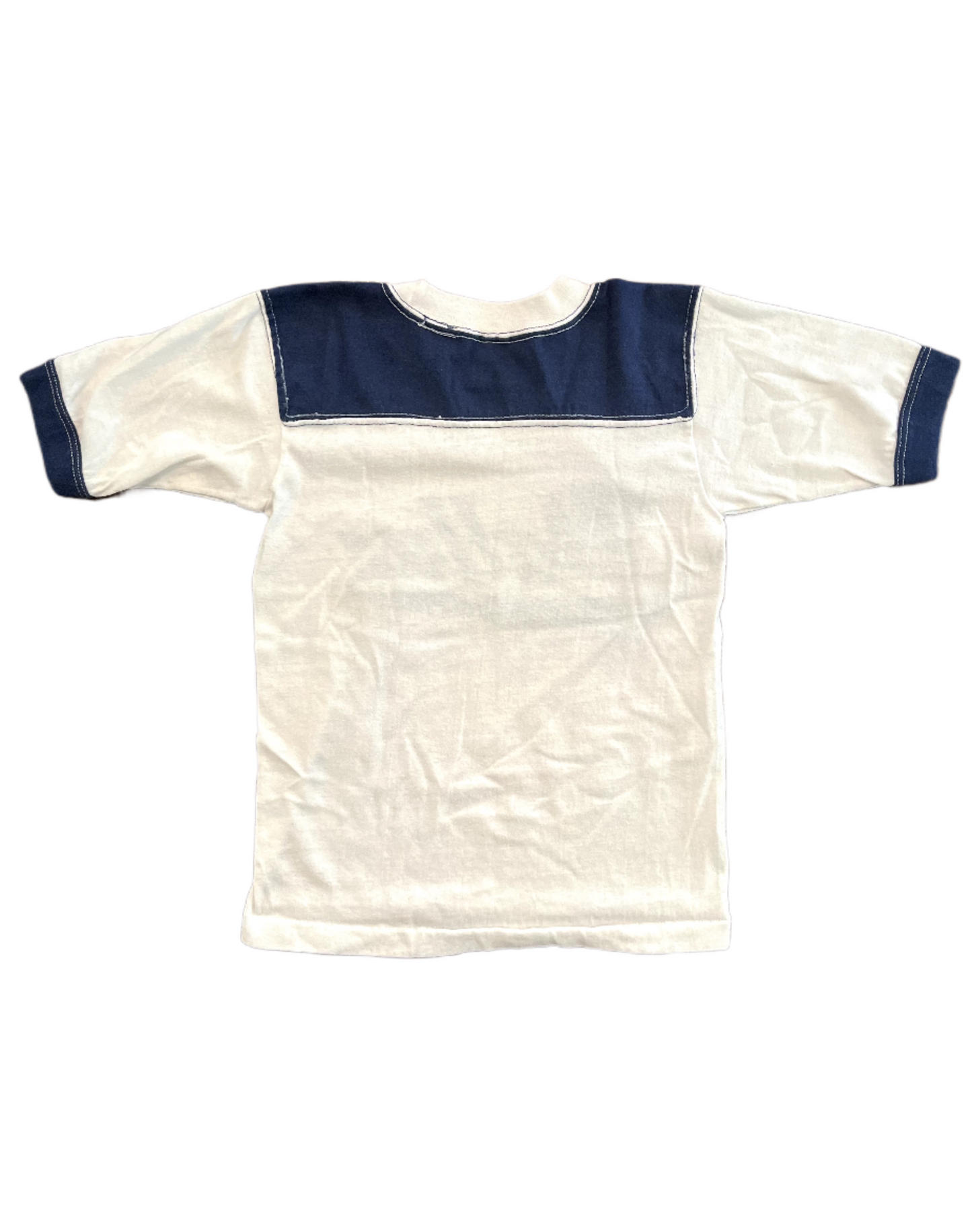 Image of vintage youth navy blue and white dallas cowboys tee on white background backside.