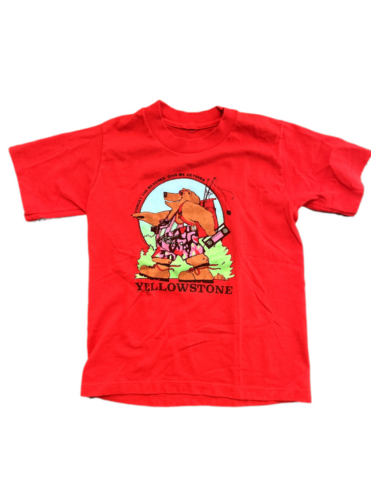 Image of red youth Yellowstone graphic t-shirt with camping bear on white background.