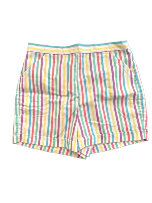 Vintage 1980's youth stripe shorts with pockets and pink, yellow, green, white, blue and purple stripes and pockets on white background.