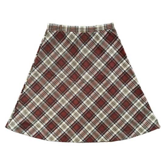 Vintage brown, white, olive, teal, navy skirt mid-length ladies skirt with belt loops on white background.