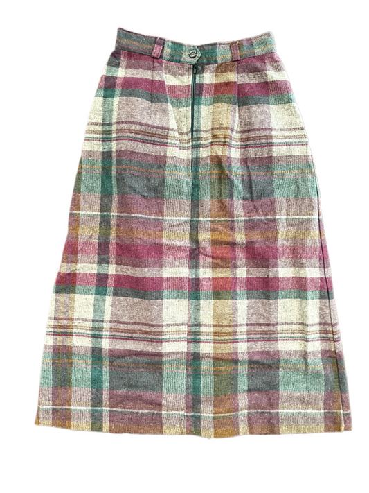 Vintage ladies purple, teal, yellow and white plaid 7/8th skirt on white background.