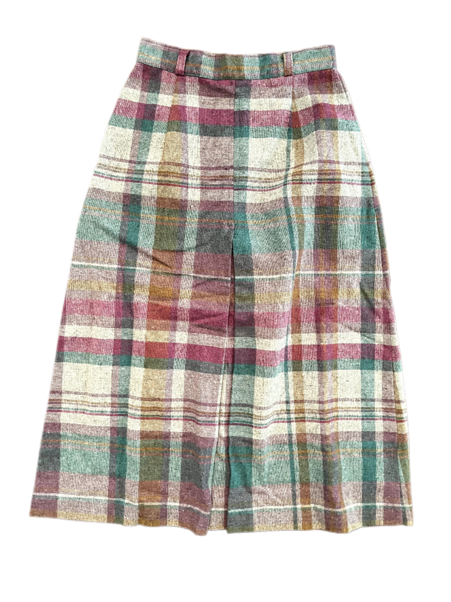 Vintage ladies purple, teal, yellow and white plaid 7/8th skirt on white background back view showing pleat.